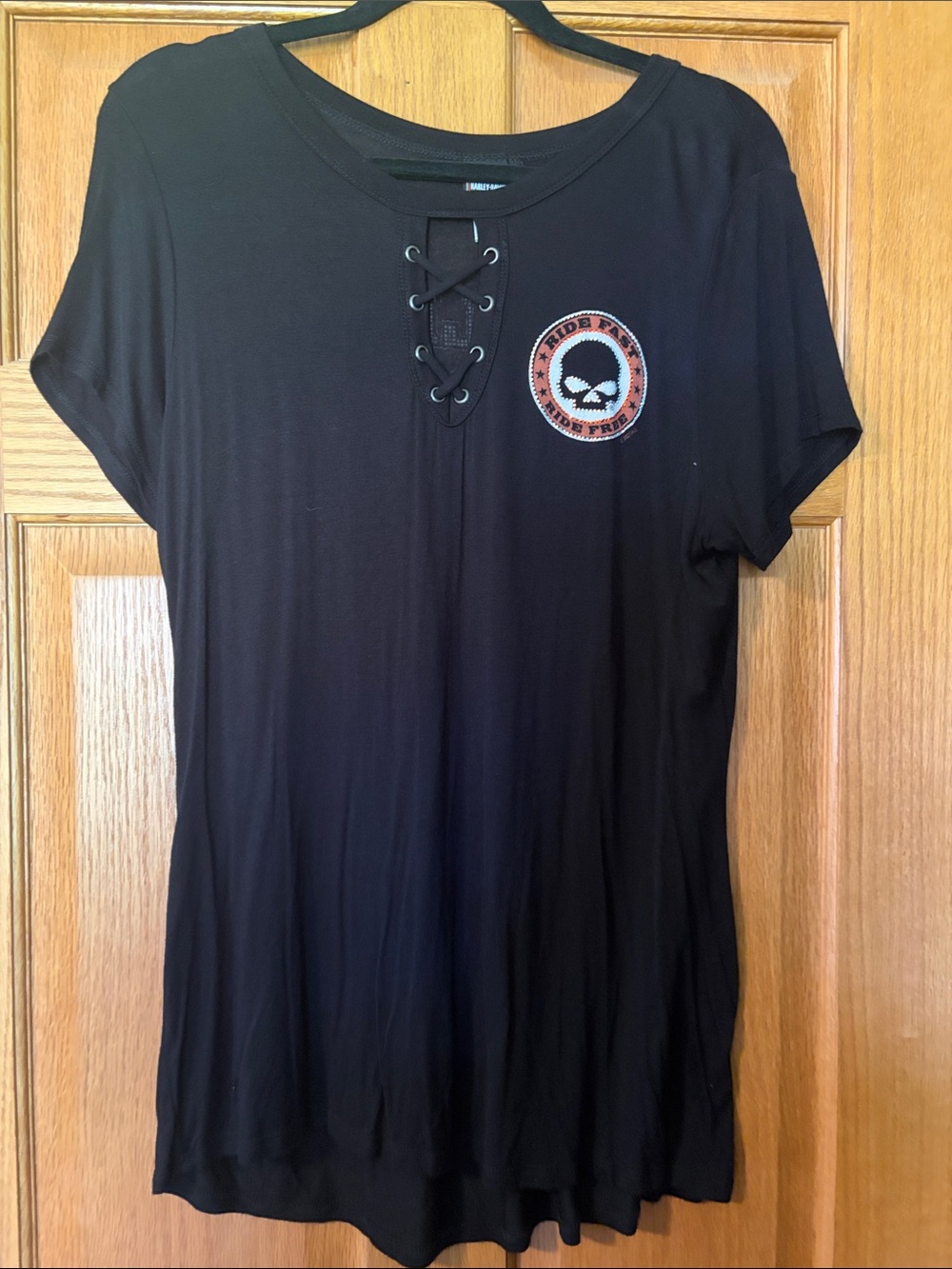 Harley-Davidson Black Short Sleeve Lace-Up Tee with Orange Skull Patch